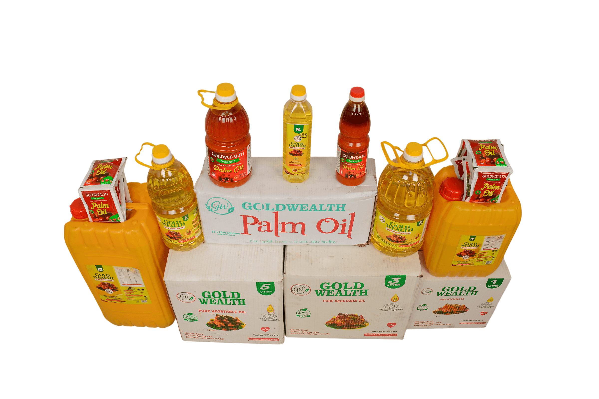 Bottles and cartons of Goldwealth palm and vegetable oil